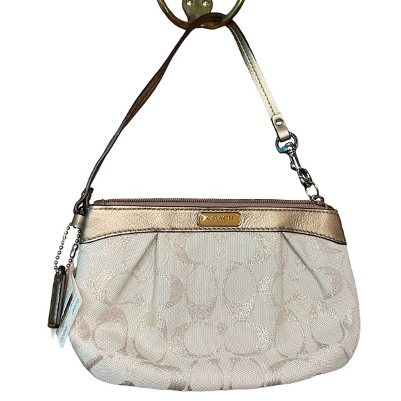 Coach Metallic Gold/Khaki Signature Pleated Wristlet Handbag New - Picture 1 of 10